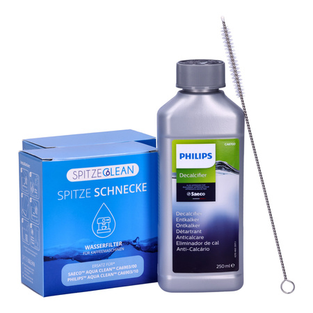 SET: 2x Spitze Schnecke - Ersatzfilter Philips Saeco CA6903 AquaClean + Entkalker CA6700 + Bürste